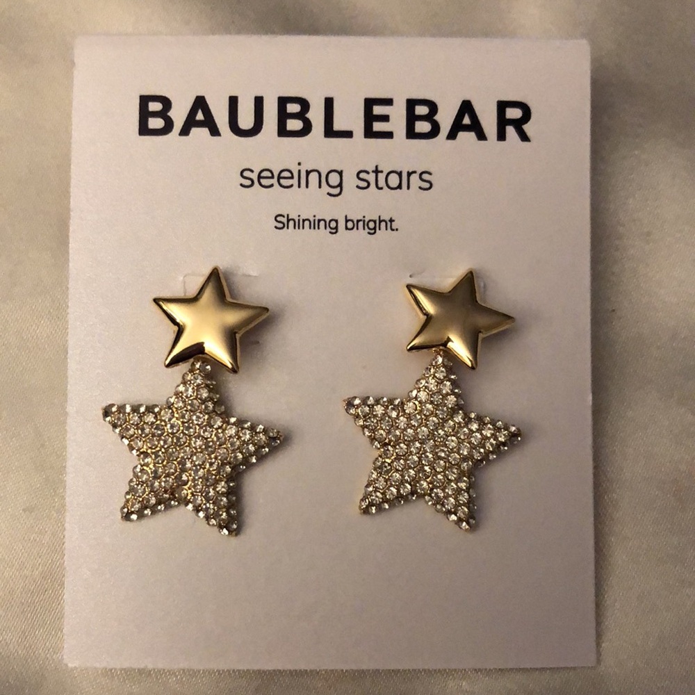 Baublebar Seeing Stars Gold Tone Double Star Drop Earrings Crystal Accents NEW